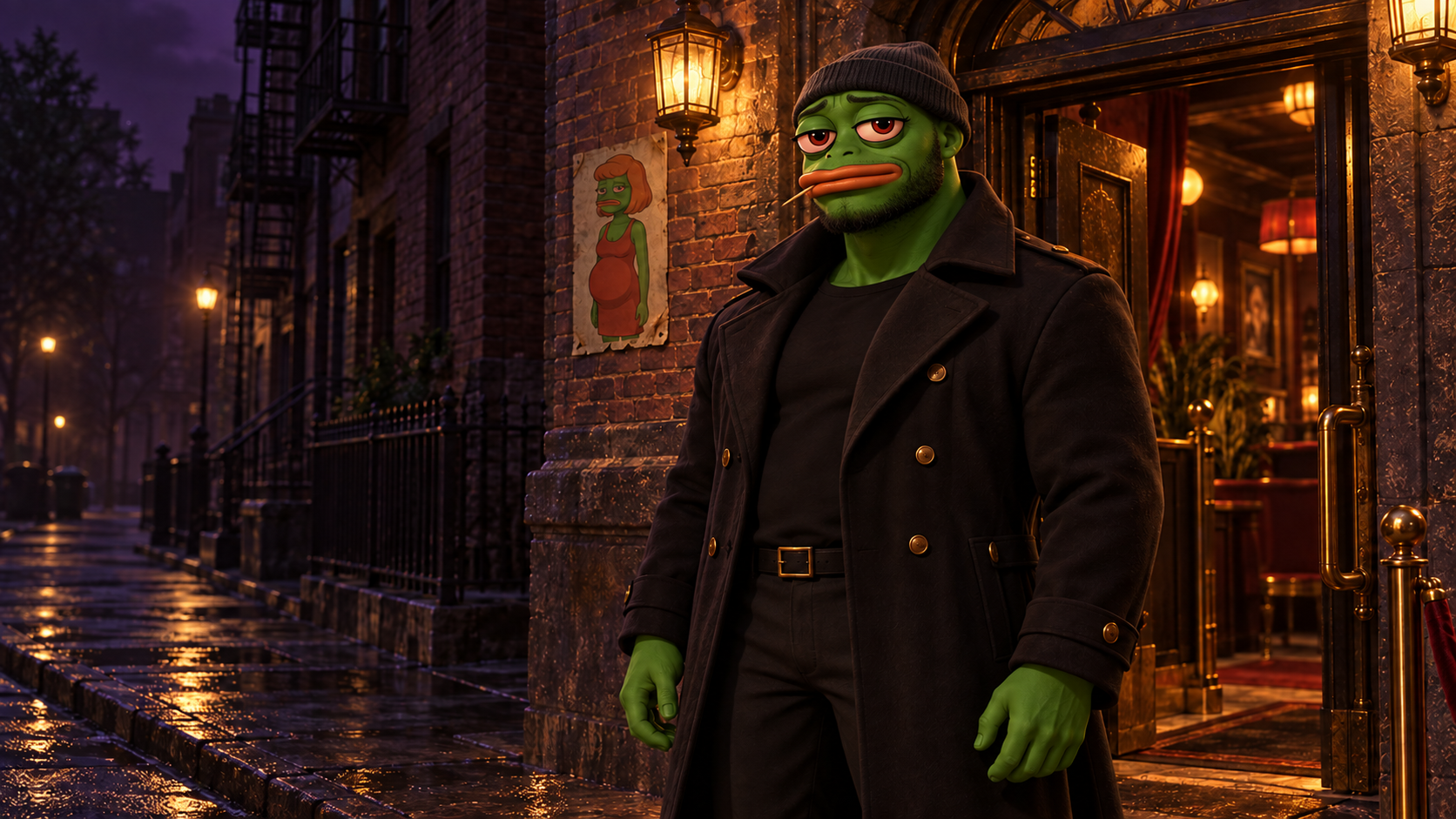 A green bouncer wearing a charcoal beanie, a toothpick, and a tailored dark coat welcomes you at a warmly lit brick building, with KEKE missing posters beside the door and rain shining on the street.